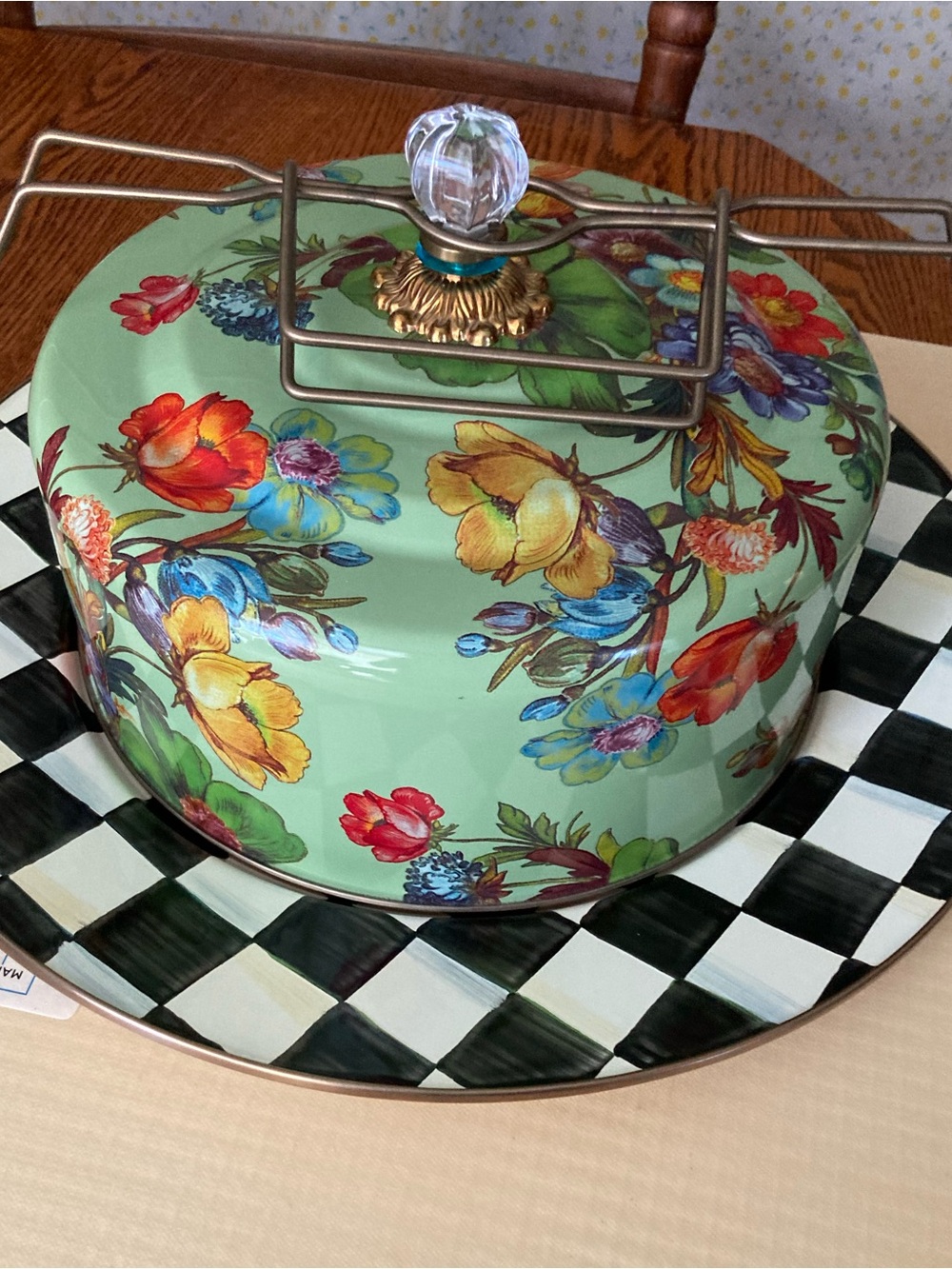 MacKenzie-Childs Floral Mint Cake Dome with Checker Plate